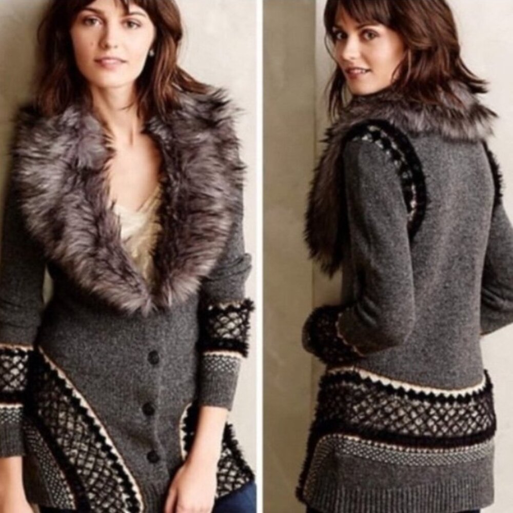 Anthropologie Sleeping On Snow Corby Lodge Sweater Medium Wool Faux‎ Fur Collar